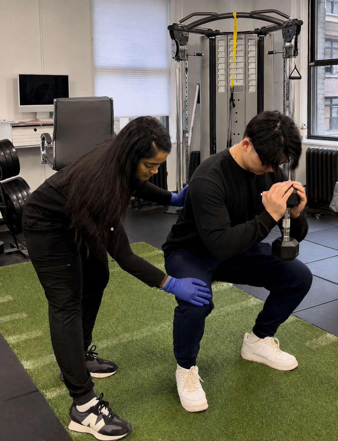 Prestige physical therapist guiding a patient through a weighted squat